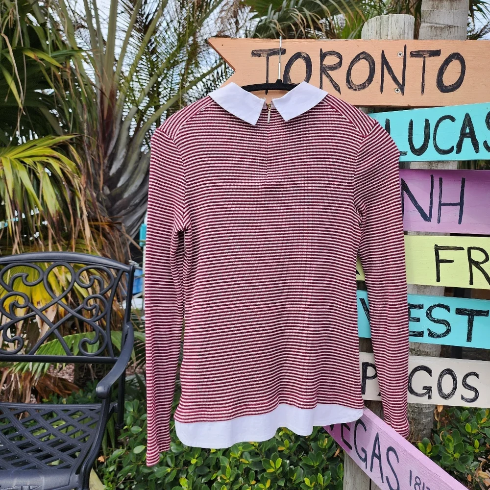 Y2k Vintage Tory Burch Peter-Pan Collar Striped Top Sz S - Picture 12 of 13